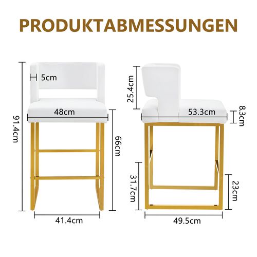 Lot De 2 Tabourets De Bar 91,4 Cm, Assise En Pu Blanc, Métal Doré
