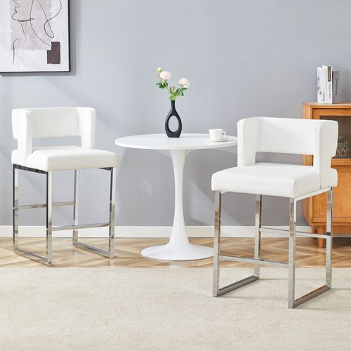 Lot De 2 Tabourets De Bar 91,4 Cm, Assise Carrée Pu Blanc, Piétement Métal Argenté