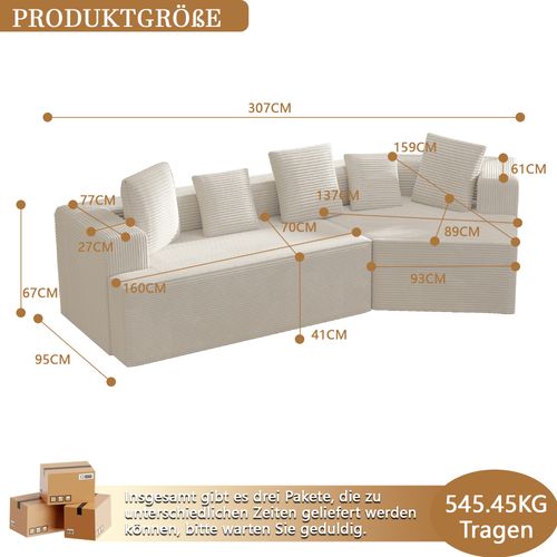 Canapé Compressé Modulable 3 Places - Velours Côtelé - Blanc