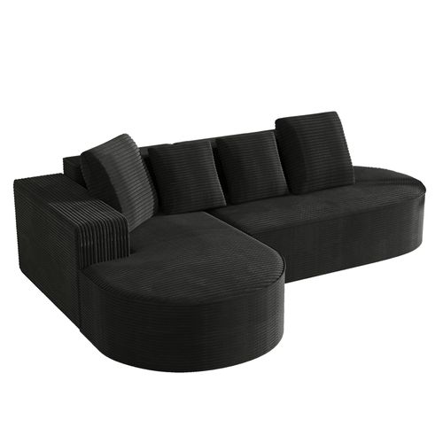 Canapé 3 Places Modulaire En L 265 Cm En Velours Côtelé Noir, Sans Montage