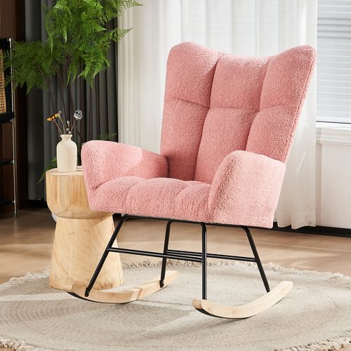 Fauteuil à Bascule Moderne Rose En Tissu Teddy, Dossier Haut Et Accoudoirs, Pieds Bois