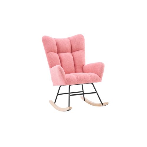 Fauteuil à Bascule Moderne Rose En Tissu Teddy, Dossier Haut Et Accoudoirs, Pieds Bois