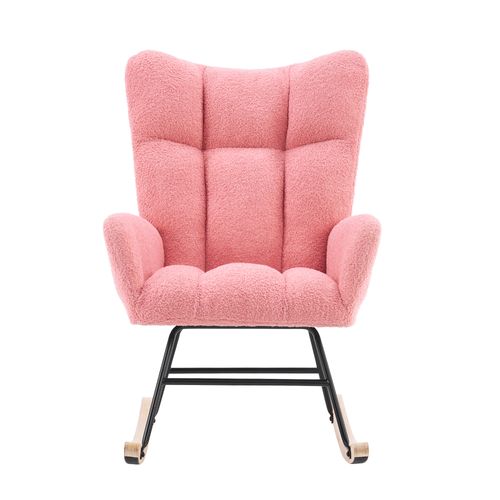 Fauteuil à Bascule Moderne Rose En Tissu Teddy, Dossier Haut Et Accoudoirs, Pieds Bois