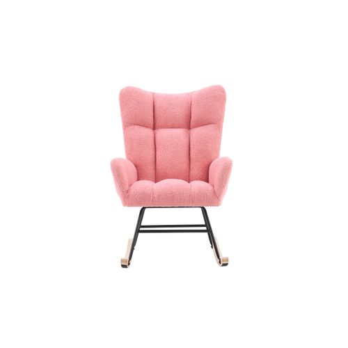 Fauteuil à Bascule Moderne Rose En Tissu Teddy, Dossier Haut Et Accoudoirs, Pieds Bois