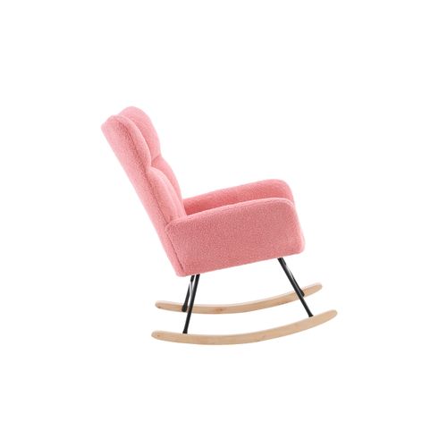 Fauteuil à Bascule Moderne Rose En Tissu Teddy, Dossier Haut Et Accoudoirs, Pieds Bois