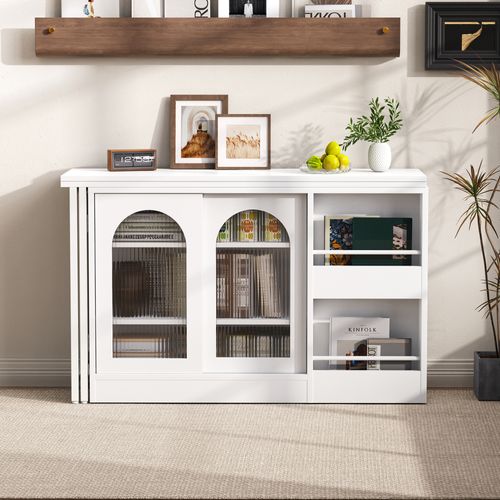 Meuble De Bar, Table Bureau Extensible Pivotant Avec Rangements Et Porte Vitrée, Blanc