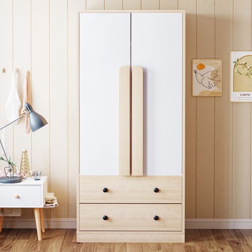 Armoire Bois Naturel Et Blanc 70x40x170 Cm à Double Porte Avec 2 Tiroirs