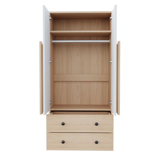 Armoire Bois Naturel Et Blanc 70x40x170 Cm à Double Porte Avec 2 Tiroirs