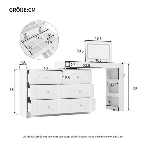 Coiffeuse Pivotante 105x40x80 Cm Blanche Avec Miroir LED, 7 Tiroirs, Plateau Rabattable