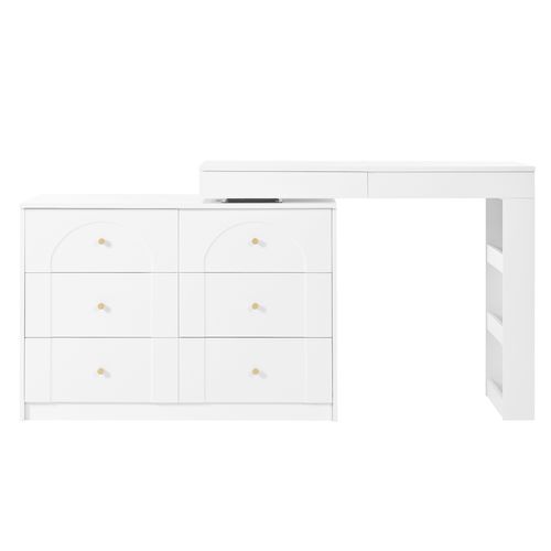 Coiffeuse Pivotante 105x40x80 Cm Blanche Avec Miroir LED, 7 Tiroirs, Plateau Rabattable