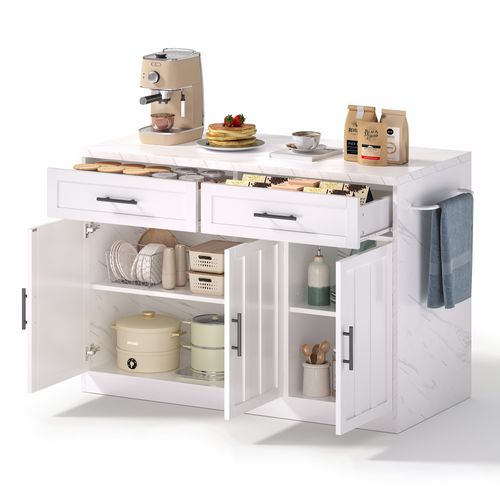 Desserte, Îlot De Cuisine Avec 2 Tiroirs Et 3 Portes — Prises USB, Plateau Aspect Marbre Blanc