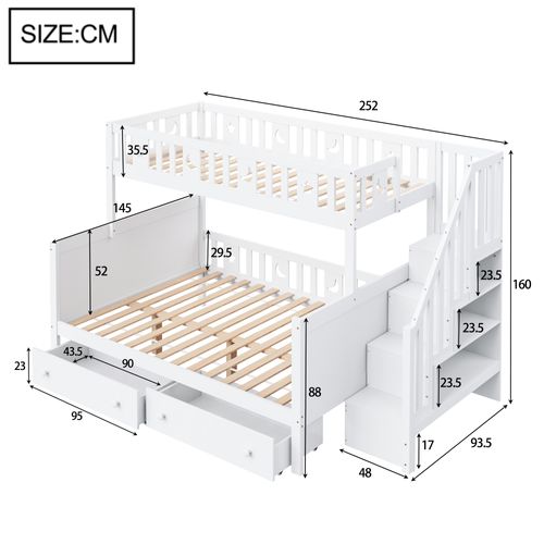 Lit Superposé 90x200/140x200 Cm En Pin Blanc Avec 2 Tiroirs Et Escalier De Rangement