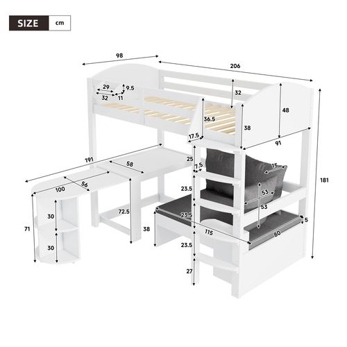 Lit Mezzanine Enfant 90x200 Cm - Bureau Extensible, Canapé Avec Rangements Et Étagères, Bois Blanc