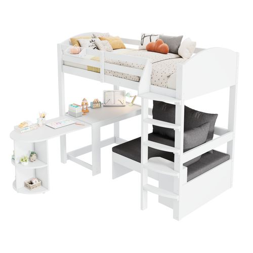 Lit Mezzanine Enfant 90x200 Cm - Bureau Extensible, Canapé Avec Rangements Et Étagères, Bois Blanc
