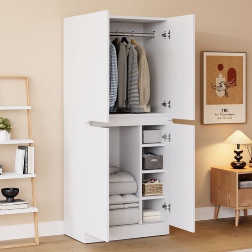 Armoire 70 X 40 X 170 Cm, Grand Rangement, Bois Blanc Et Métal