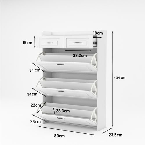 Armoire à Chaussures 80 X 23,5 X 131 Cm, Bois Blanc, 3 Abattants + 2 Tiroirs, Poignées Métal