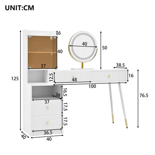 Coiffeuse Blanche 100x40x125 Cm, Miroir LED 3 Couleurs, 4 Tiroirs, Vitrine Éclairée
