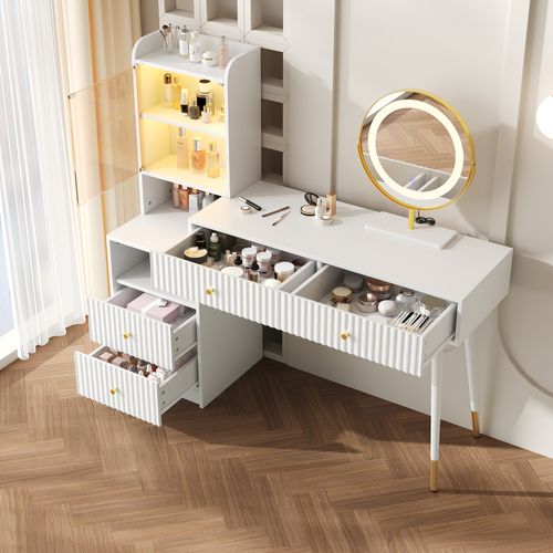 Coiffeuse Blanche 100x40x125 Cm, Miroir LED 3 Couleurs, 4 Tiroirs, Vitrine Éclairée