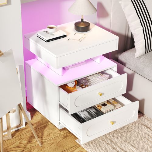 Table De Chevet LED Blanc 50x40x60 Cm, 2 Tiroirs De Rangement + Niche
