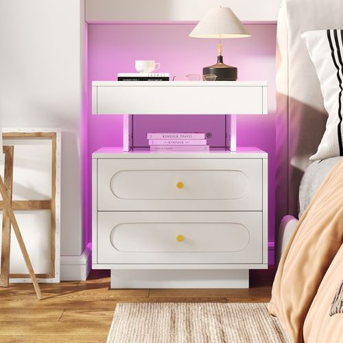 Table De Chevet LED Blanc 50x40x60 Cm, 2 Tiroirs De Rangement + Niche