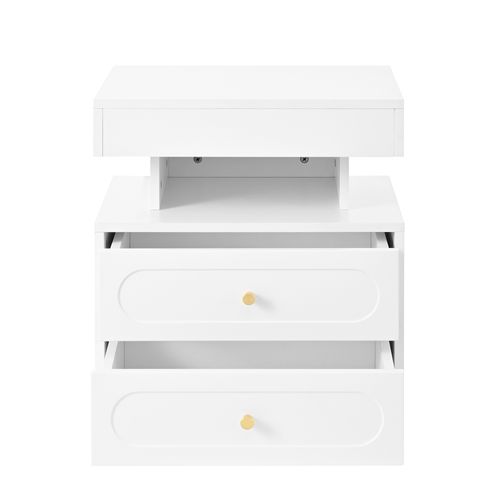 Table De Chevet LED Blanc 50x40x60 Cm, 2 Tiroirs De Rangement + Niche