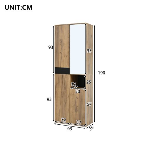 Armoire Haute 65x35x190 Cm – 4 Portes Avec Miroir Et Niche Ouverte, Noir/naturel