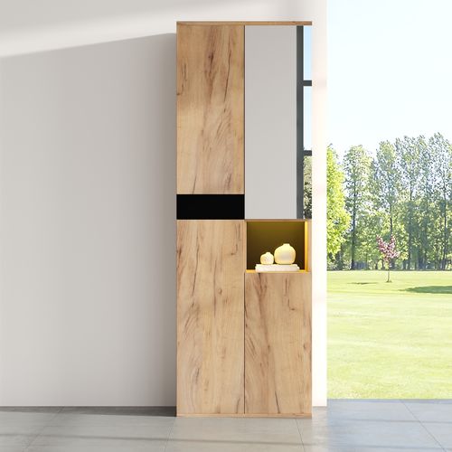 Armoire Haute 65x35x190 Cm – 4 Portes Avec Miroir Et Niche Ouverte, Noir/naturel