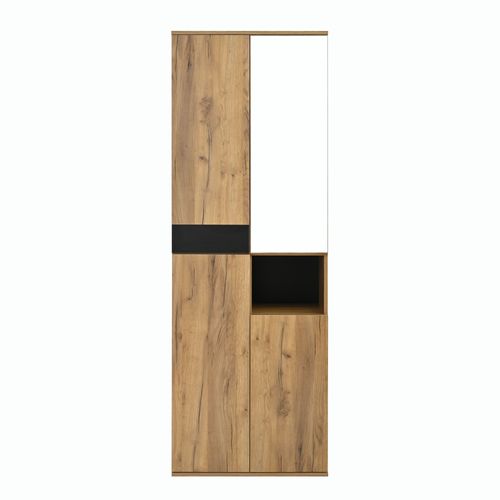 Armoire Haute 65x35x190 Cm – 4 Portes Avec Miroir Et Niche Ouverte, Noir/naturel