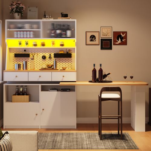 Buffet Haut.178 Cm Blanc LED Avec 4 Portes Et 3 Tiroirs, Bureau Intégré, Rangements Ouverts