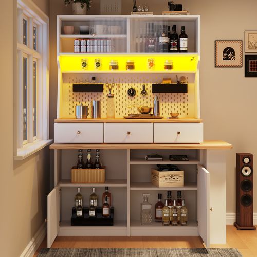 Buffet Haut.178 Cm Blanc LED Avec 4 Portes Et 3 Tiroirs, Bureau Intégré, Rangements Ouverts
