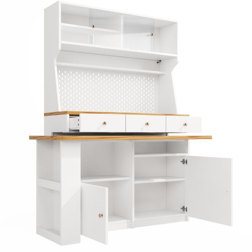 Buffet Haut.178 Cm Blanc LED Avec 4 Portes Et 3 Tiroirs, Bureau Intégré, Rangements Ouverts