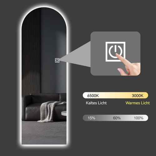 Miroir Sur Pied Ou Mural LED 165x50 Cm Verre Argenté, Intensité Réglable