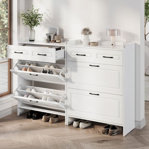Set 2 Meuble à Chaussures Blanc, 8 Compartiments, 2 Tiroirs, Grand Rangement