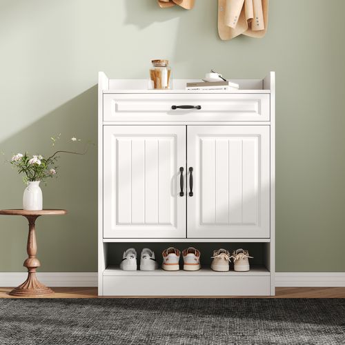 Meuble à Chaussures 75×36×95,5 Cm Blanc – Étagères Réglables, Tiroir, Poignées Métal Noir