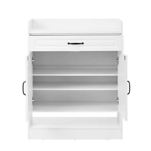 Meuble à Chaussures 75×36×95,5 Cm Blanc – Étagères Réglables, Tiroir, Poignées Métal Noir