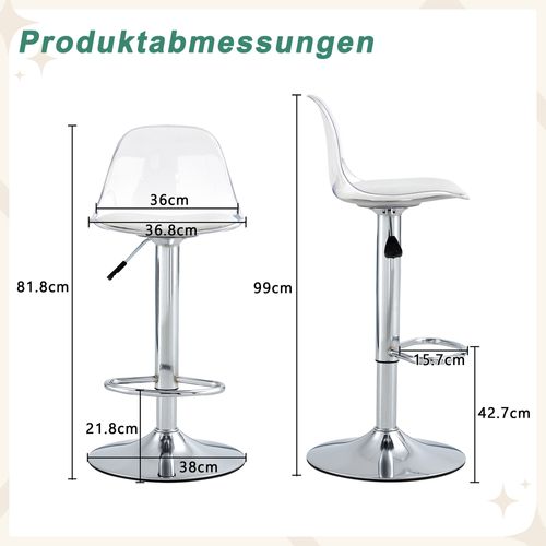 Lot De 2 Tabourets De Bar Pivotants Réglables H.81,8–99 Cm, Dossier Transparent, Pieds Métal Argenté