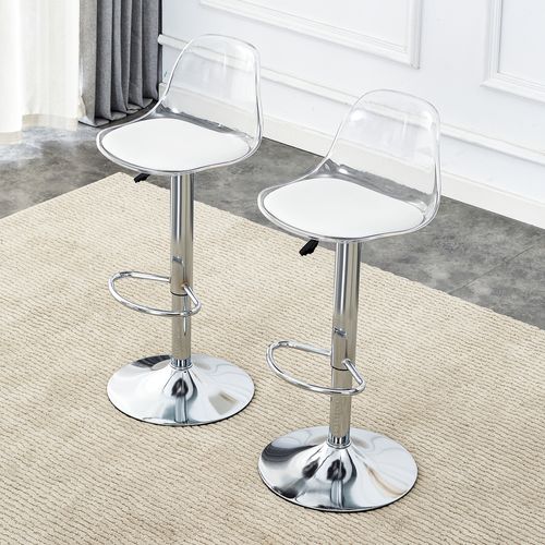 Lot De 2 Tabourets De Bar Pivotants Réglables H.81,8–99 Cm, Dossier Transparent, Pieds Métal Argenté
