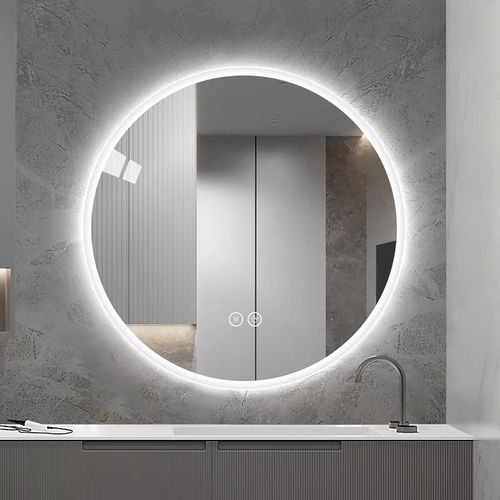 Miroir LED Rond 80 Cm En Verre Et Métal Argenté, Anti-buée, 3 Températures