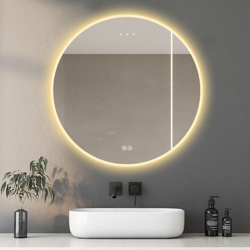 Miroir LED Rond 80 Cm En Verre Et Métal Argenté, Anti-buée, 3 Températures