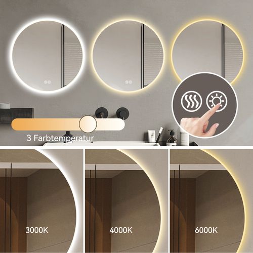 Miroir LED Rond 80 Cm En Verre Et Métal Argenté, Anti-buée, 3 Températures