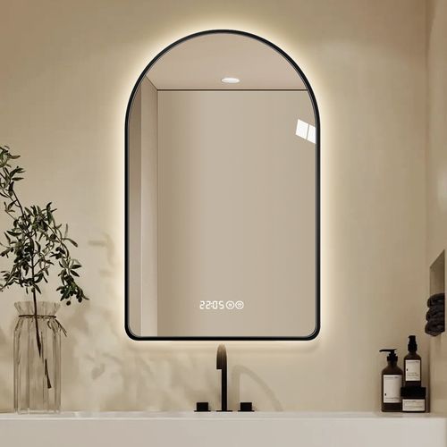 Miroir LED Arqué 60x120 Cm, Cadre Noir Et Argent, Métal, Anti-buée, Tactile, 3 Températures