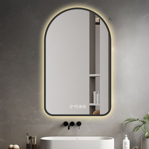 Miroir Arqué LED 70x120 Cm, Cadre Noir Métal, Anti-buée, 3 Températures, Horloge/température