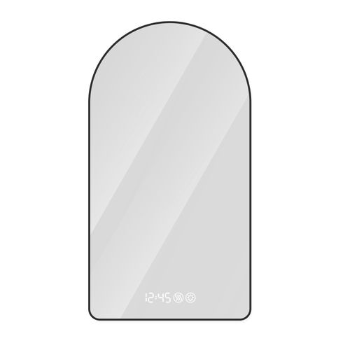Miroir Arqué LED 70x120 Cm, Cadre Noir Métal, Anti-buée, 3 Températures, Horloge/température