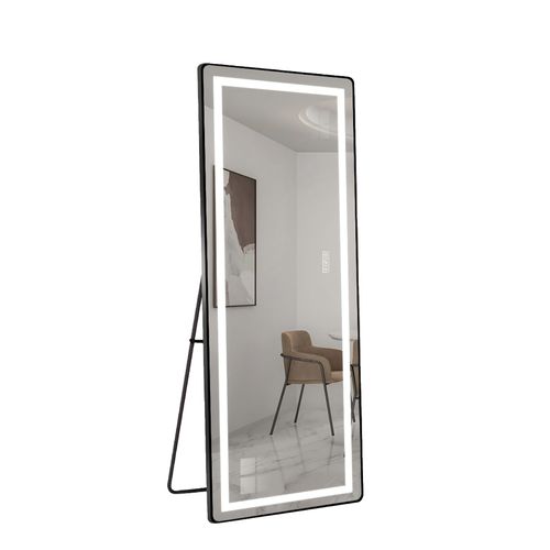 Miroir LED 163 Cm 3 Couleurs, Cadre Métal Noir, Miroir Argenté, Sur Pieds Ou Mural