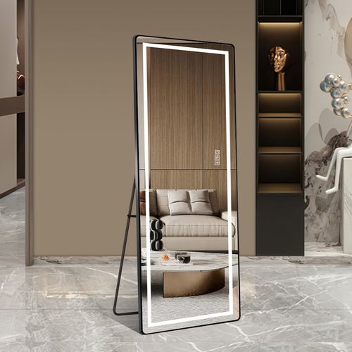Miroir LED 163 Cm 3 Couleurs, Cadre Métal Noir, Miroir Argenté, Sur Pieds Ou Mural