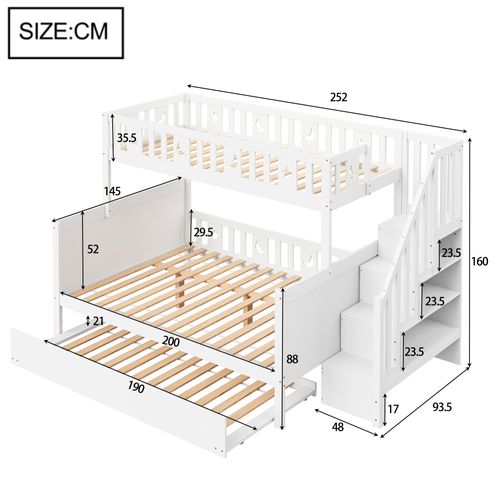 Lit Superposé 90x200/140x200 Cm Avec Lit Gigogne Et Étgaères De Rangements, Pin Blanc