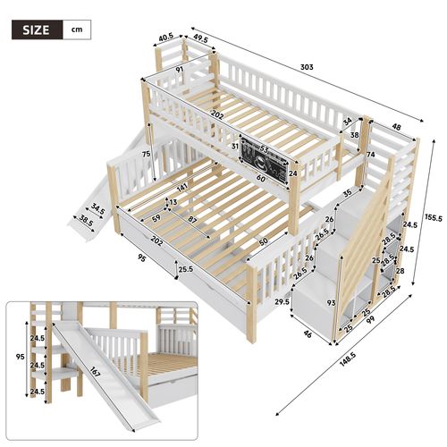 Lit Superposé Enfant 140x200 Cm et 90x200 Cm En Bois Blanc Et Naturel, Avec Rangements, Toboggan
