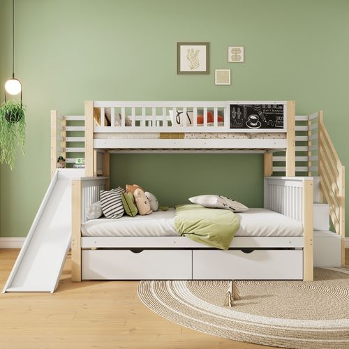 Lit Superposé Enfant 140x200 Cm et 90x200 Cm En Bois Blanc Et Naturel, Avec Rangements, Toboggan