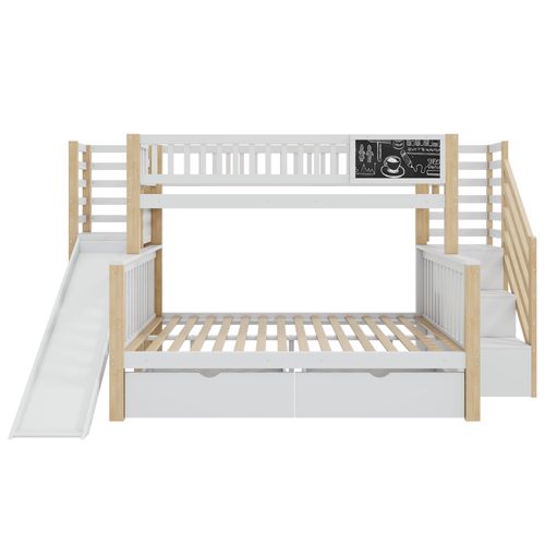 Lit Superposé Enfant 140x200 Cm et 90x200 Cm En Bois Blanc Et Naturel, Avec Rangements, Toboggan