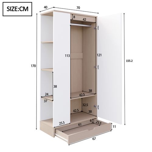 Armoire Blanche Et Bois H.170 Cm, 1 Porte, Étagères Et Tiroir, Rangement Vêtements, Chambre